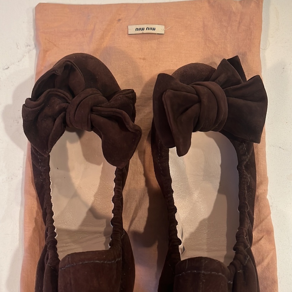 Miu Miu Brown Suede Bow Flats